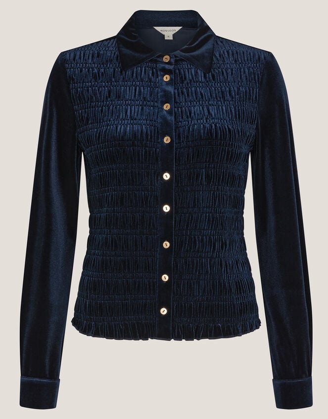 Samantha Smocked Stretch Velvet Shirt, Blue (MIDNIGHT), large