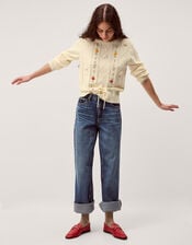 Elsie Floral Embroidered Cable Knit Jumper, Ivory (IVORY), large