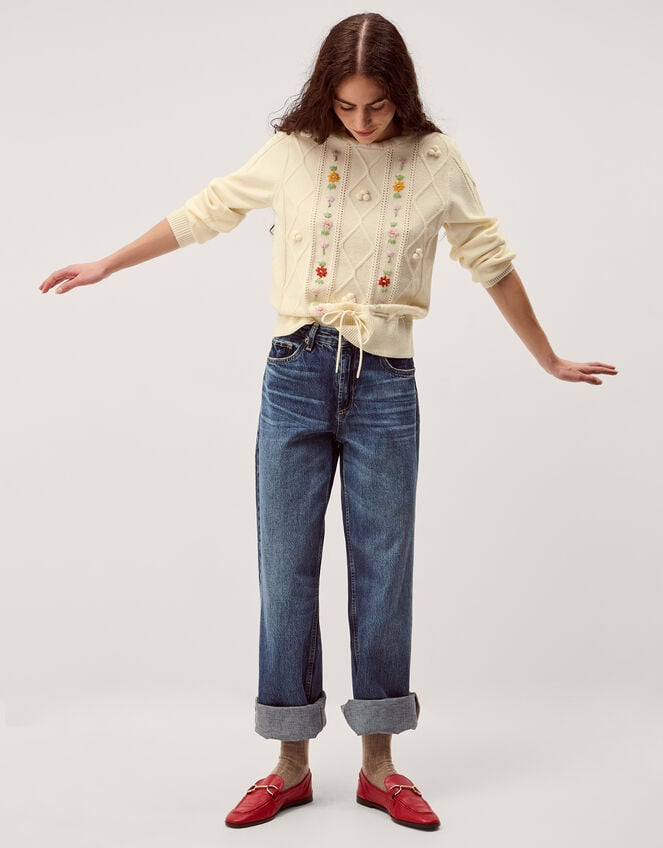 Elsie Floral Embroidered Cable Knit Jumper, Ivory (IVORY), large