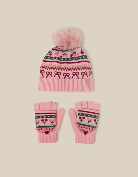Cherry Fair Isle Bobble Hat & Gloves Set, Multi (MULTI), large