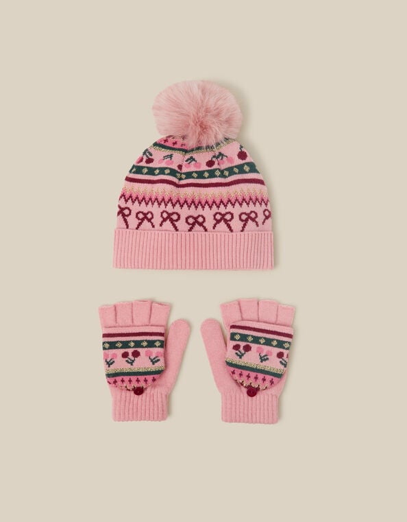 Cherry Fair Isle Bobble Hat & Gloves Set, Multi (MULTI), large