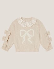 Bow Embellished Collar Sweatshirt, Ivory (IVORY), large