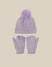 Pearl Flower Bobble Hat & Gloves Set, Purple (LILAC), large