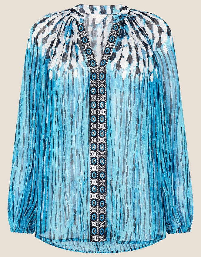 Feather Print Embellished Top, Blue (BLUE), large