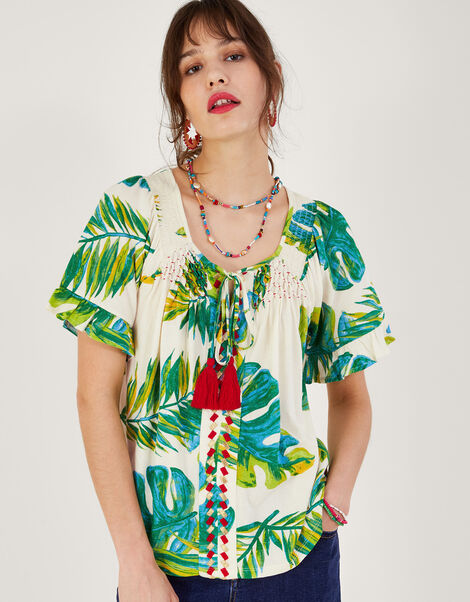 Palm Print Jersey Top , Ivory (IVORY), large