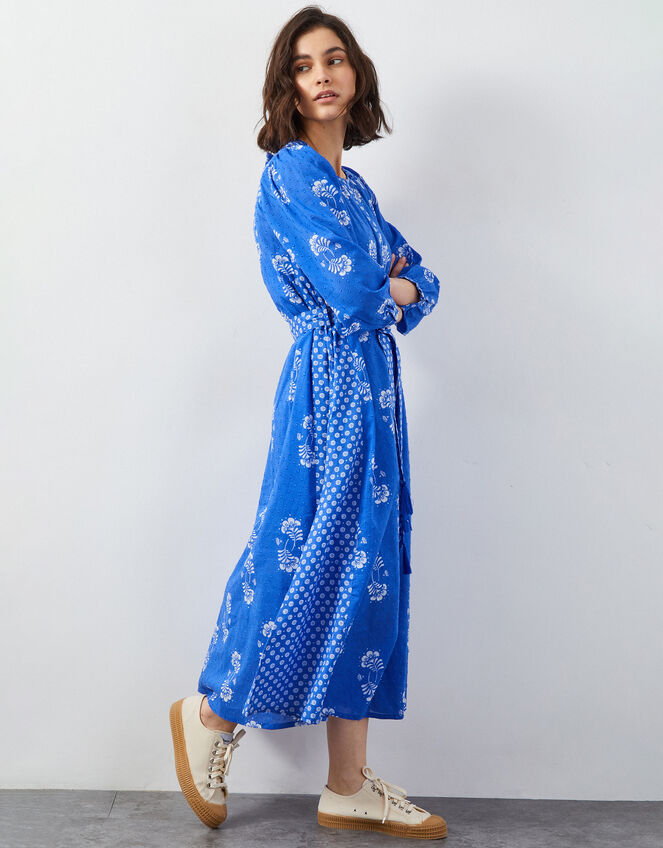 East Amber Hand-Screen Floral Print Midi Dress, Blue (BLUE), large
