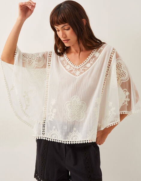 Lena Sheer Embroidered Angel Sleeve Top, White (WHITE), large