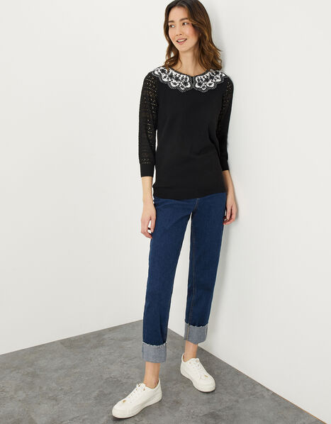 Woven Stitch Contrast Collar Jumper in Recycled Polyester Black, Black (BLACK), large