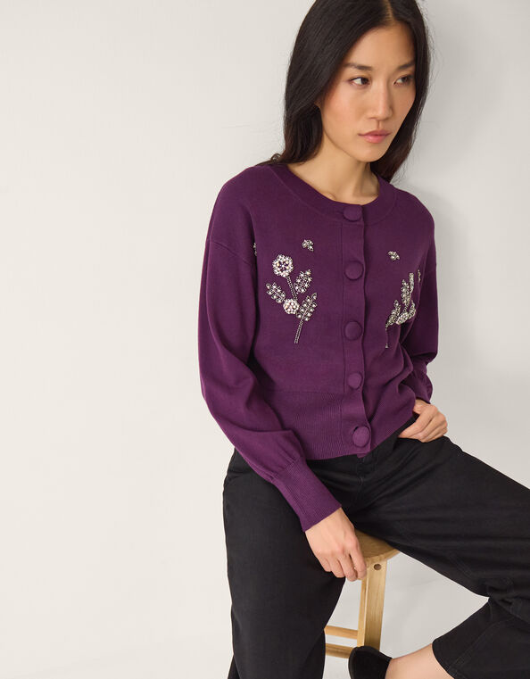 Floral Embellished Cardigan, Purple (AUBERGINE), large