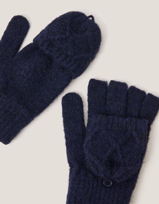 Diamond Fingerless Gloves with Mittens, Blue (NAVY), large