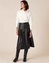 Gold Button Leather-Look Skirt, Black (BLACK), large