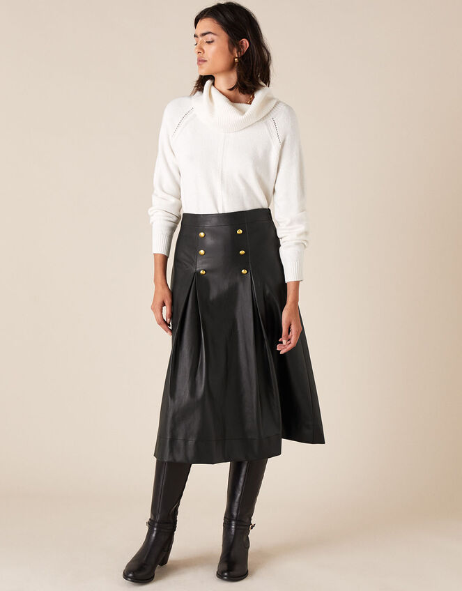 Gold Button Leather-Look Skirt, Black (BLACK), large