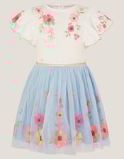 Embroidered Floral Tulle Disco Dress, Blue (BLUE), large