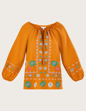 Embroidered Flower Tunic Top in Linen Blend, Yellow (YELLOW), large