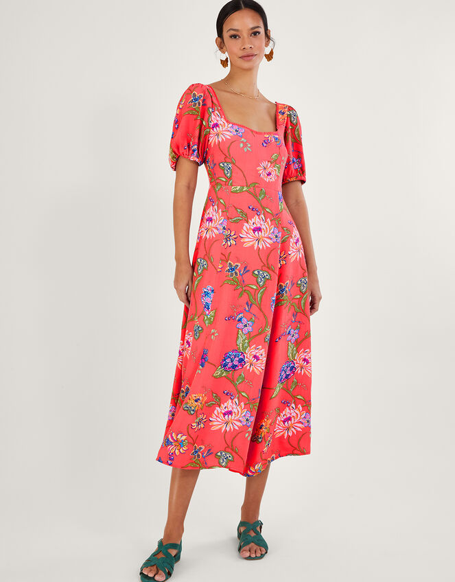 Regina Floral Print Tea Dress, Orange (CORAL), large