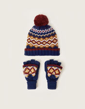 Fair Isle Knitted Hat and Gloves Set, Multi (MULTI), large