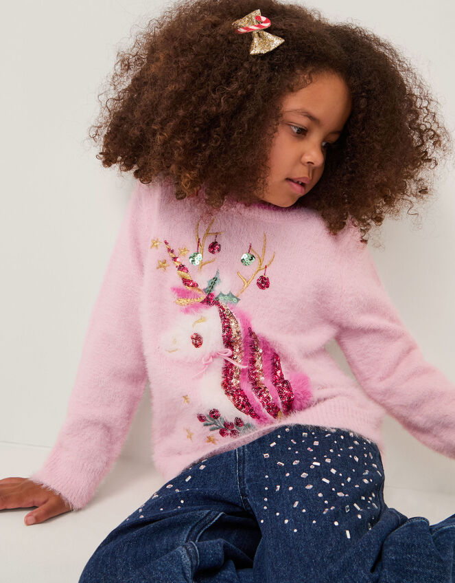 Christmas Unicorn Fuzzy Sweater, Pink (PINK), large