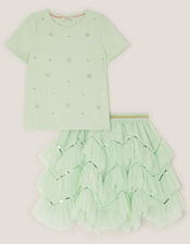 Embellished T-Shirt & Ruffle Skirt Set, Green (GREEN), large