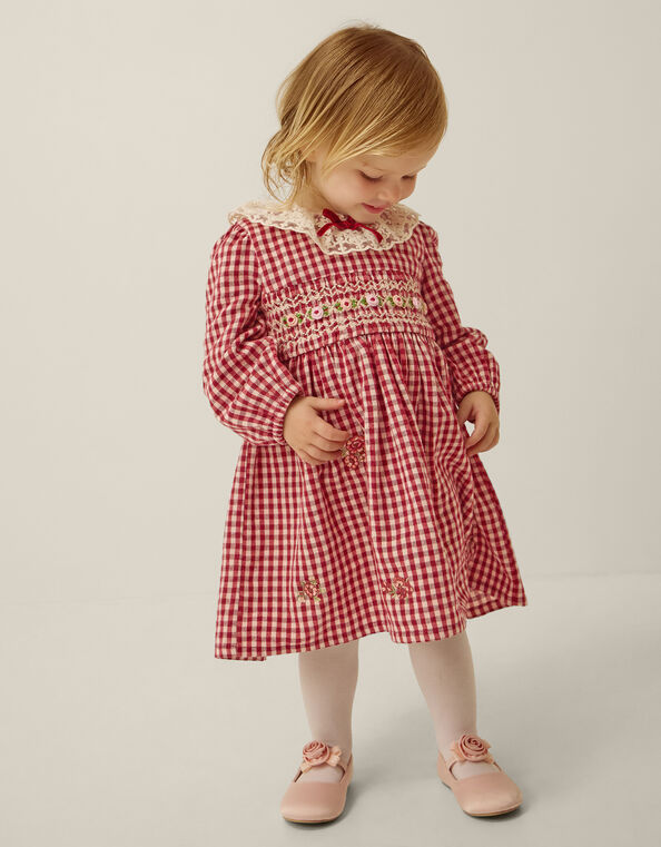 Baby Embroidered Gingham Dress & Knickers Set, Red (BURGUNDY), large