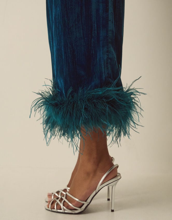 Quinn Faux Feather Velvet Trousers, Teal (TEAL), large