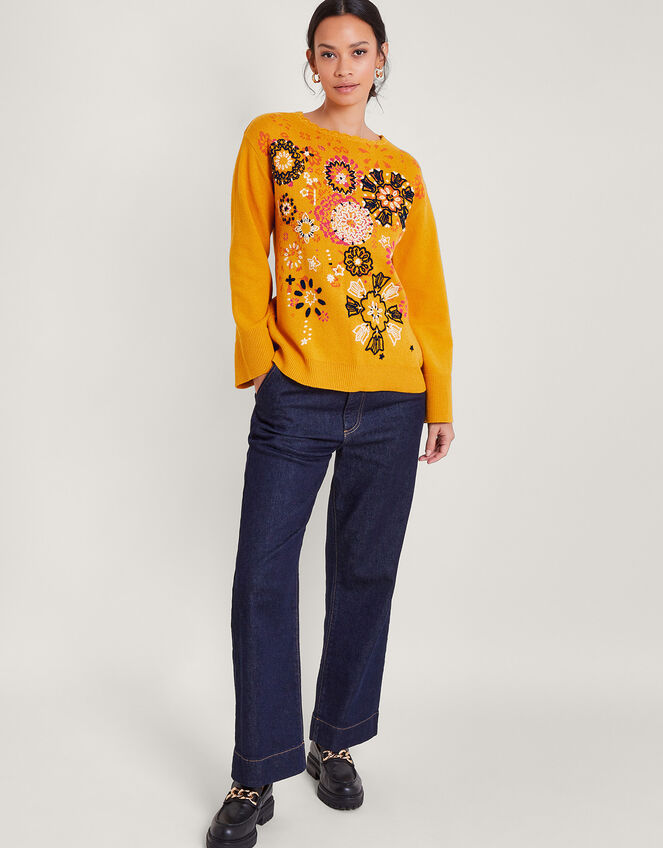 Floral Embroidered Sweater, Yellow (OCHRE), large
