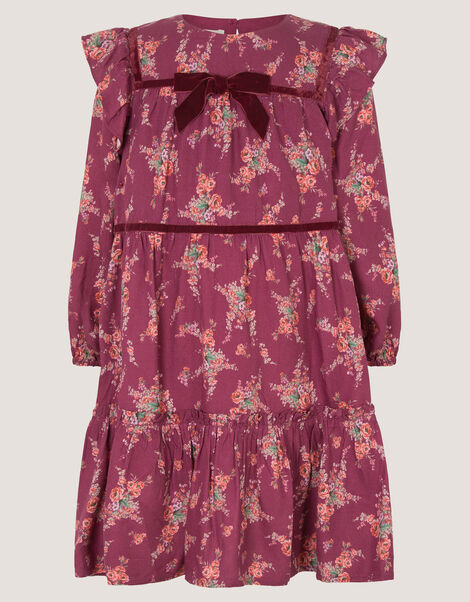 Long Sleeve Floral Print Dress, Red (BURGUNDY), large