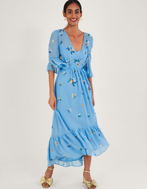 Daniella Embellished Wrap Dress in Recycled Polyester, Blue (BLUE), large