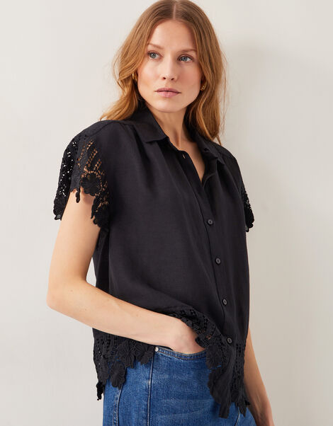 Lara Linen-Blend Short Sleeve Shirt, Black (BLACK), large