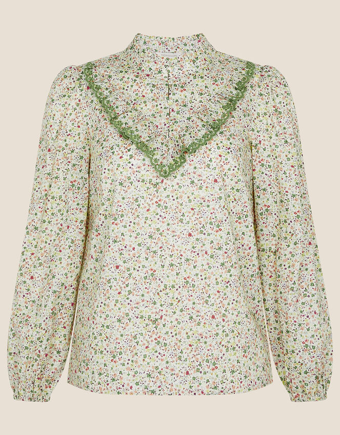Floral Printed V-Front Frill Top, Ivory (IVORY), large