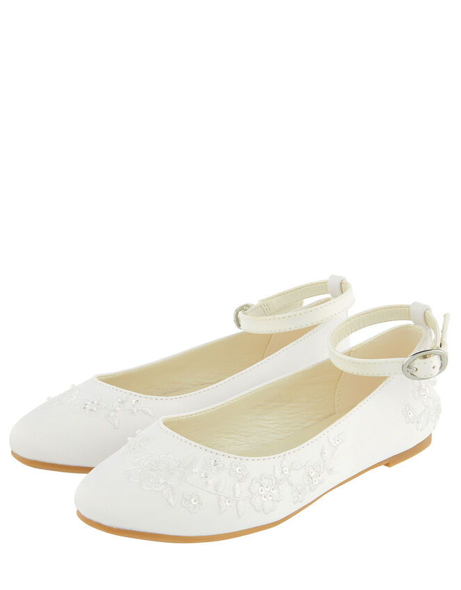 COMMUNION Embroidered Satin Ballerina Flats, White (WHITE), large