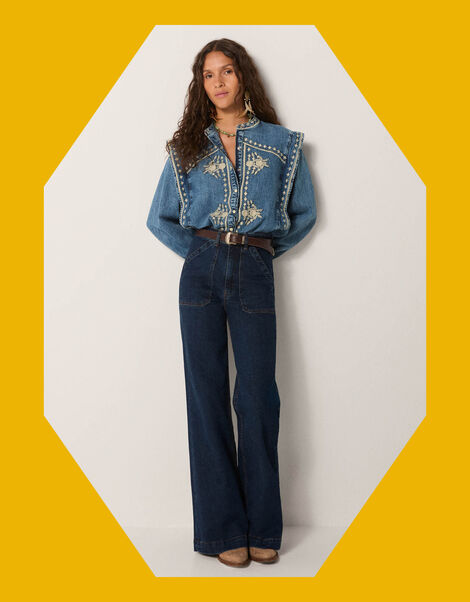 Maison Hotel Narciso Embroidered Denim Blouse, Blue (LIGHT BLUE), large