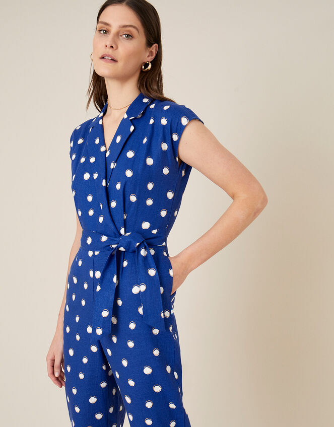 Spot Print Jumpsuit in Linen Blend , Blue (NAVY), large