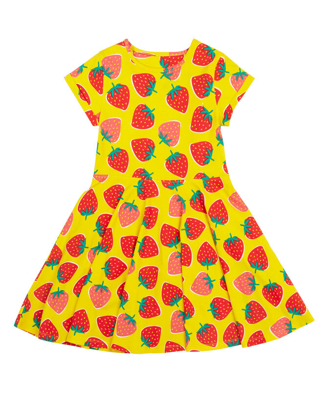 Frugi Strawberry Print Skater Dress, Yellow (YELLOW), large