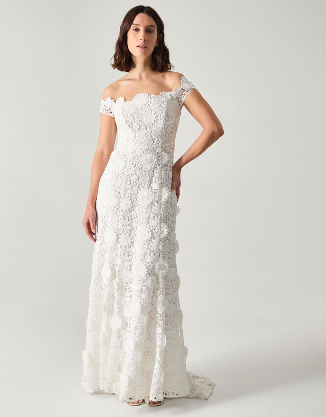Clare Floral Embroidered Bardot Bridal Dress, Ivory (IVORY), large