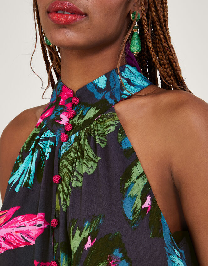 Bria Palm Print Halter Dress, Blue (MIDNIGHT), large