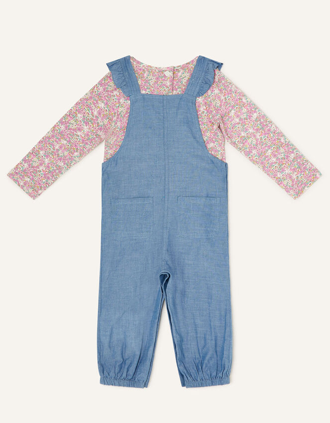Baby Denim Dungaree and Floral Top Set, Blue (BLUE), large