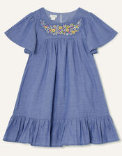 Chambray Embellished Neck Swing Dress, Blue (BLUE), large