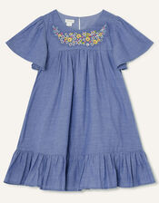 Chambray Embellished Neck Swing Dress, Blue (BLUE), large