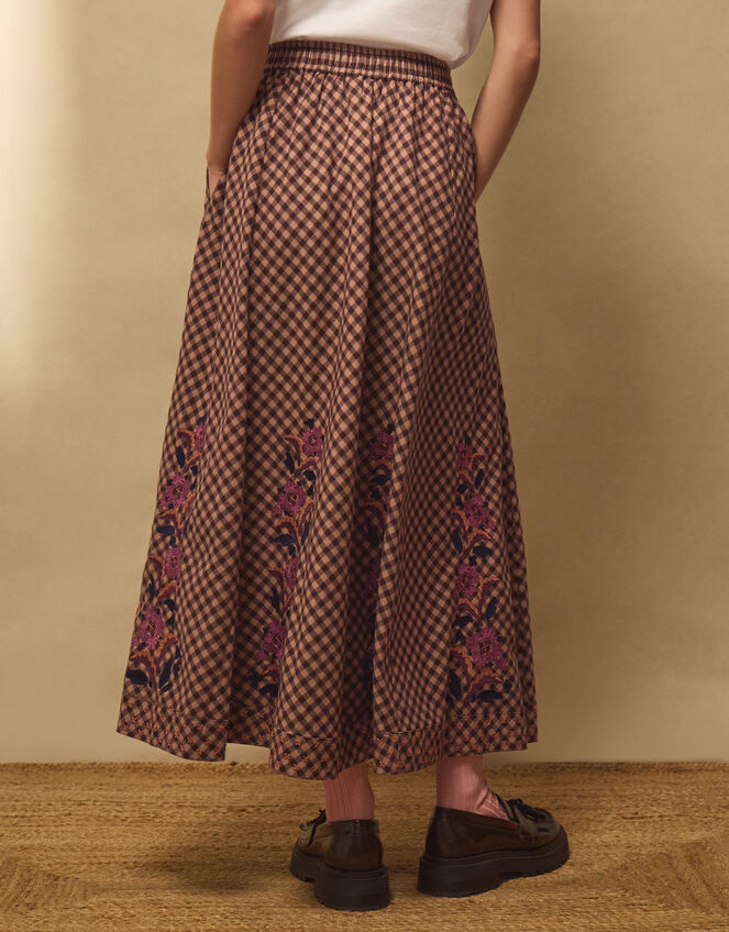 East Freya Embroidered Check Maxi Skirt, Brown (BROWN), large