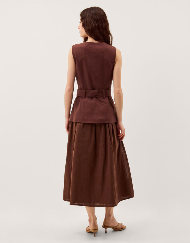 Margot Sleeveless Belted Linen Midi Dress, Brown (CHOCOLATE), large