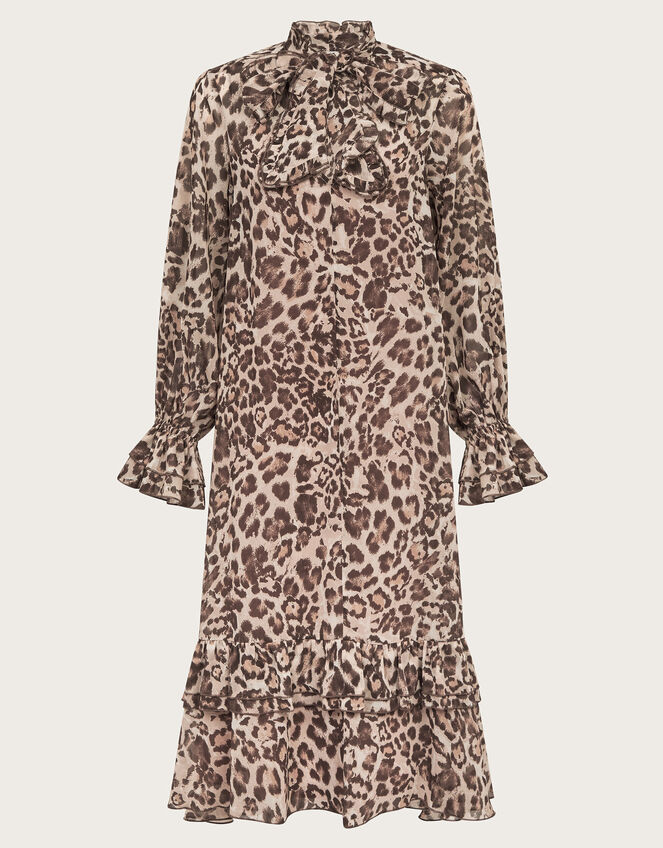 Allegra Pussybow Leopard Print Midi Dress, Brown (BROWN), large