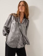 Milena Metallic Tie Neck Blouse, Silver (SILVER), large