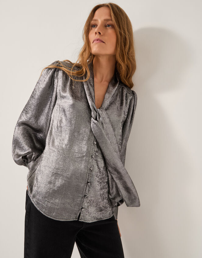Milena Metallic Tie Neck Blouse, Silver (SILVER), large