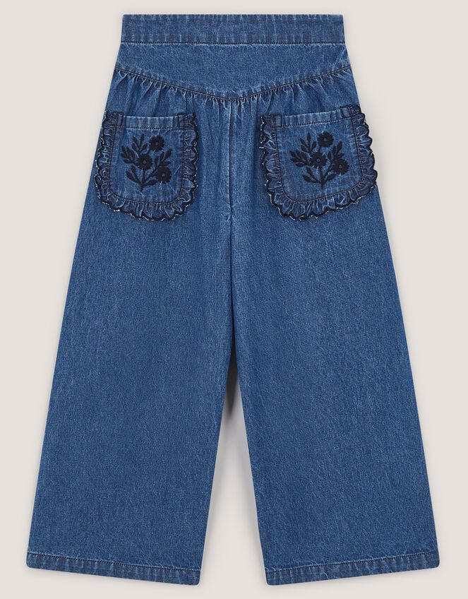 Embroidered Pocket Chambray Trousers, Blue (BLUE), large