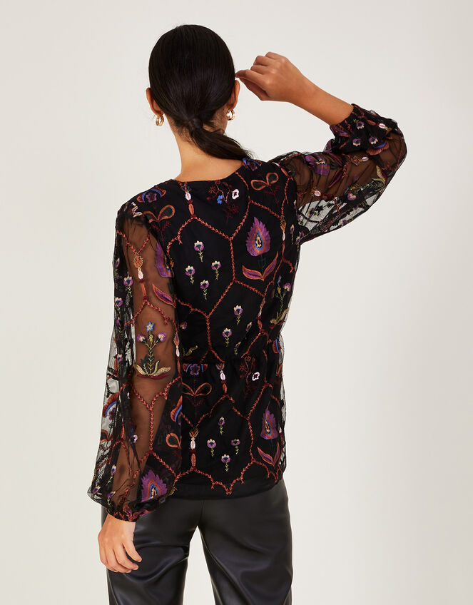 Fenn Embroidered Blouse in Recycled Polyester, Black (BLACK), large