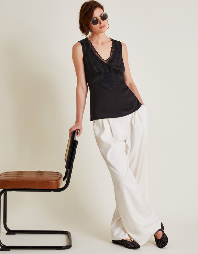 Carly Satin Lace Cami Top, Black (BLACK), large