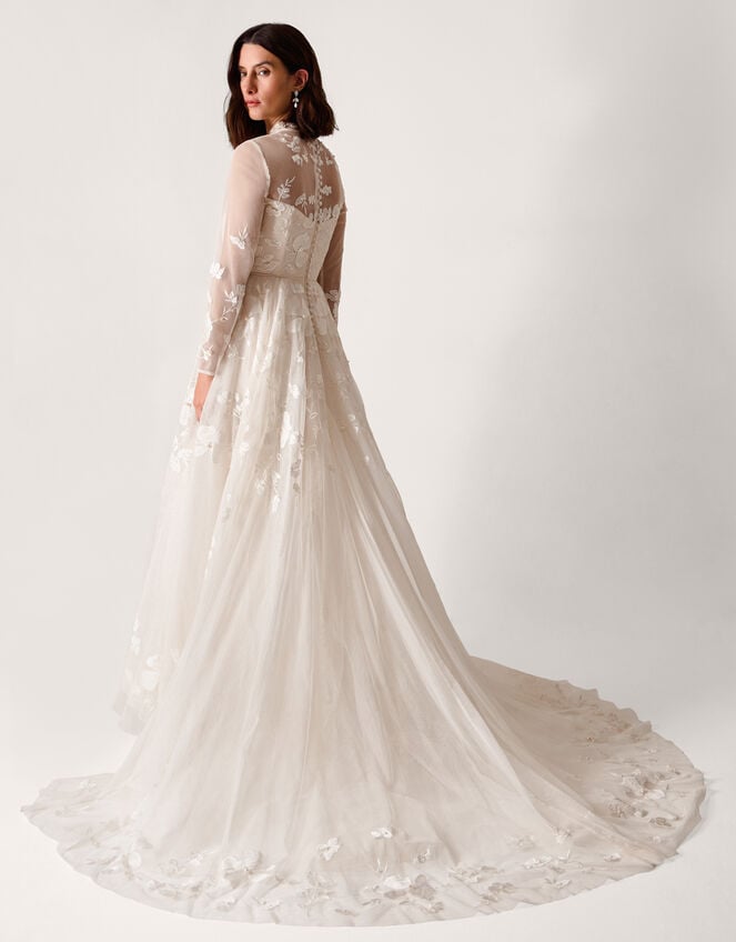 Lorelai Long Sleeve Floral Embellished Mesh Wedding Dress, Ivory (IVORY), large