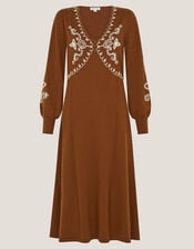 Cleo V-Neck Embroidered Knit Midi Dress, Orange (RUST), large