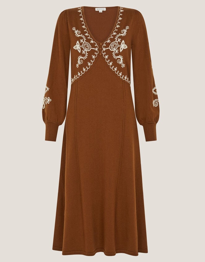 Cleo V-Neck Embroidered Knit Midi Dress, Orange (RUST), large