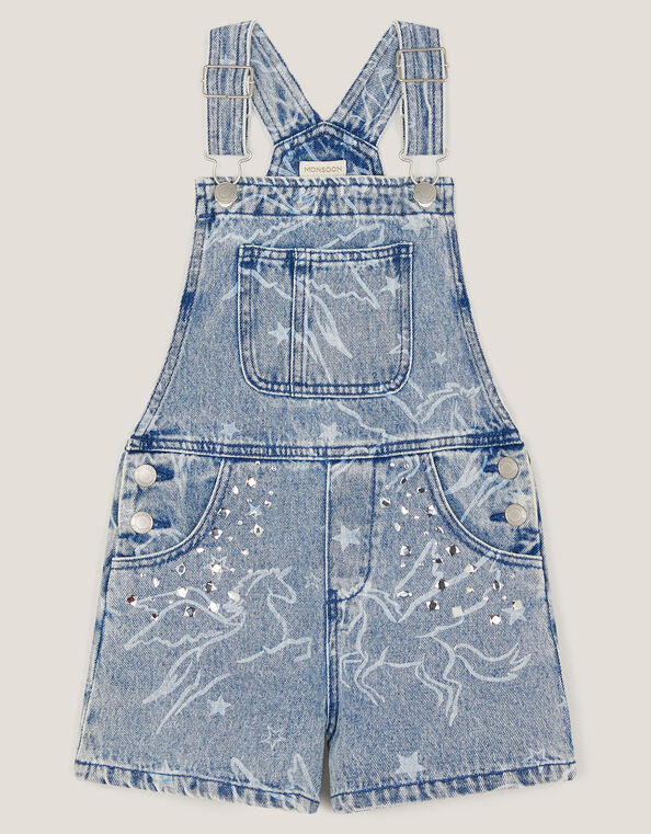 Unicorn Print Denim Dungarees, Blue (BLUE), large